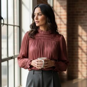 FRAME Rosewood Satin Smocked Blouse | Mock Neck Long Sleeve | Size M